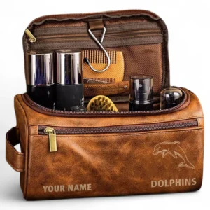 Redcliffe Dolphins  Fans Gift Leather Toiletry Bag, All Over Print Leather Toiletry Bag For Sport Fan, Custom Name NRL177071525682-Yellowish Brown