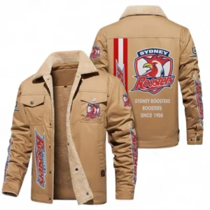 Sydney Roosters Jacket Fur Collar Fleece, All Over Print Jacket Fur Collar Fleece For Sport Fan NRL178072225670-Khaki