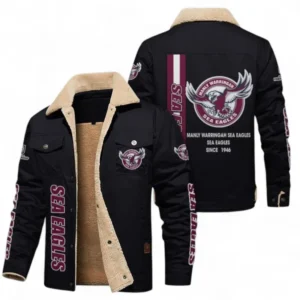 Manly Warringah Sea Eagles Jacket Fur Collar Fleece, All Over Print Jacket Fur Collar Fleece For Sport Fan NRL178072225671-Black
