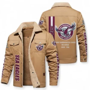 Manly Warringah Sea Eagles Jacket Fur Collar Fleece, All Over Print Jacket Fur Collar Fleece For Sport Fan NRL178072225671-Khaki