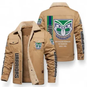 New Zealand Warriors Jacket Fur Collar Fleece, All Over Print Jacket Fur Collar Fleece For Sport Fan NRL178072225672-Khaki