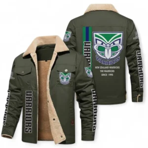 New Zealand Warriors Jacket Fur Collar Fleece, All Over Print Jacket Fur Collar Fleece For Sport Fan NRL178072225672-Army Green