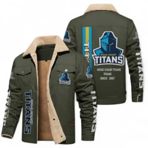 Gold Coast Titans Jacket Fur Collar Fleece, All Over Print Jacket Fur Collar Fleece For Sport Fan NRL178072225674-Army Green