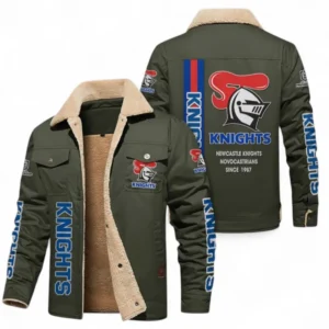 Newcastle Knights Jacket Fur Collar Fleece, All Over Print Jacket Fur Collar Fleece For Sport Fan NRL178072225675-Army Green
