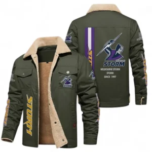 Melbourne Storm Jacket Fur Collar Fleece, All Over Print Jacket Fur Collar Fleece For Sport Fan NRL178072225677-Army Green