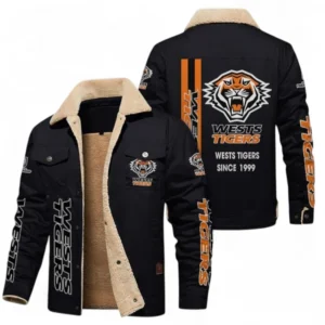 Wests Tigers Jacket Fur Collar Fleece, All Over Print Jacket Fur Collar Fleece For Sport Fan NRL178072225682-Black