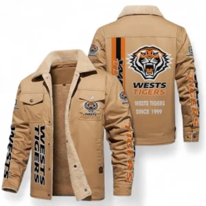 Wests Tigers Jacket Fur Collar Fleece, All Over Print Jacket Fur Collar Fleece For Sport Fan NRL178072225682-Khaki