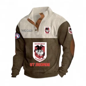 St. George Illawarra Dragons Fans Gift Men's Stand Up Collar Base Shirt, All Over Print Men's Stand Up Collar Base Shirt For Sport Fan, Custom Name NRL180080125111-Brown