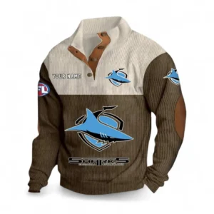 Cronulla Sharks Fans Gift Men's Stand Up Collar Base Shirt, All Over Print Men's Stand Up Collar Base Shirt For Sport Fan, Custom Name NRL180080125112-Brown