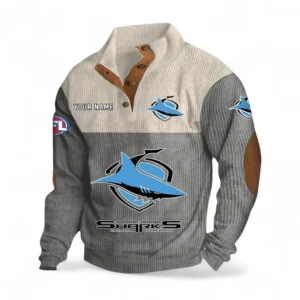 Cronulla Sharks Fans Gift Men's Stand Up Collar Base Shirt, All Over Print Men's Stand Up Collar Base Shirt For Sport Fan, Custom Name NRL180080125112-Gray