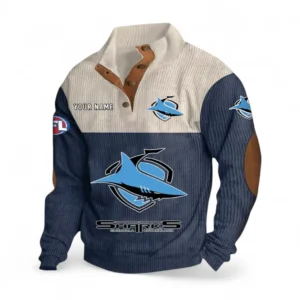 Cronulla Sharks Fans Gift Men's Stand Up Collar Base Shirt, All Over Print Men's Stand Up Collar Base Shirt For Sport Fan, Custom Name NRL180080125112-Navy Blue