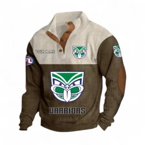 New Zealand Warriors Fans Gift Men's Stand Up Collar Base Shirt, All Over Print Men's Stand Up Collar Base Shirt For Sport Fan, Custom Name NRL180080125117-Brown