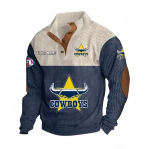 North Queensland Cowboys Fans Gift Men's Stand Up Collar Base Shirt, All Over Print Men's Stand Up Collar Base Shirt For Sport Fan, Custom Name NRL180080125119-Navy Blue