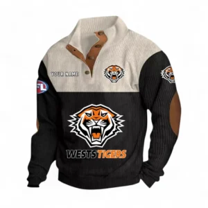 Wests Tigers Fans Gift Men's Stand Up Collar Base Shirt, All Over Print Men's Stand Up Collar Base Shirt For Sport Fan, Custom Name NRL180080125120-Black