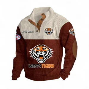 Wests Tigers Fans Gift Men's Stand Up Collar Base Shirt, All Over Print Men's Stand Up Collar Base Shirt For Sport Fan, Custom Name NRL180080125120-Dark Red