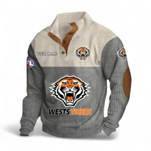 Wests Tigers Fans Gift Men's Stand Up Collar Base Shirt, All Over Print Men's Stand Up Collar Base Shirt For Sport Fan, Custom Name NRL180080125120-Gray