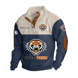 Wests Tigers Fans Gift Men's Stand Up Collar Base Shirt, All Over Print Men's Stand Up Collar Base Shirt For Sport Fan, Custom Name NRL180080125120-Navy Blue