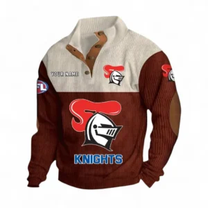 Newcastle Knights Fans Gift Men's Stand Up Collar Base Shirt, All Over Print Men's Stand Up Collar Base Shirt For Sport Fan, Custom Name NRL180080125124-Dark Red