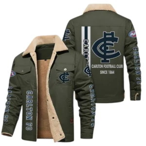 Carlton Fans Gift Jacket Fur Collar Fleece, All Over Print Collar Fleece For Sport Fan AFL163080225136 - Military Green