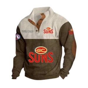 Gold Coast Suns Fans Gift Men's Stand Up Collar Base Shirt, All Over Print Base Shirt For Sport Fan, Custom Name AFL166080225128 - Brown