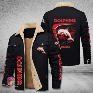 Redcliffe Dolphins Jacket Fur Collar Fleece, All Over Print Jacket Fur Collar Fleece For Sport Fan, Custom Name NRL191080225777-Black