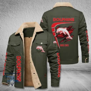 Redcliffe Dolphins Jacket Fur Collar Fleece, All Over Print Jacket Fur Collar Fleece For Sport Fan, Custom Name NRL191080225777-Military Green