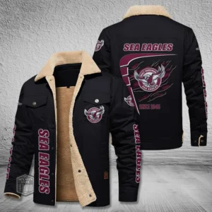 Manly Warringah Sea Eagles Jacket Fur Collar Fleece, All Over Print Jacket Fur Collar Fleece For Sport Fan, Custom Name NRL191080225779-Black