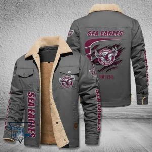 Manly Warringah Sea Eagles Jacket Fur Collar Fleece, All Over Print Jacket Fur Collar Fleece For Sport Fan, Custom Name NRL191080225779-Gray
