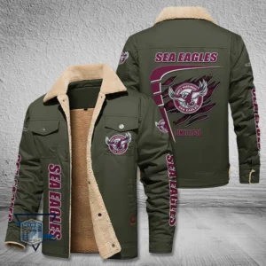 Manly Warringah Sea Eagles Jacket Fur Collar Fleece, All Over Print Jacket Fur Collar Fleece For Sport Fan, Custom Name NRL191080225779-Military Green