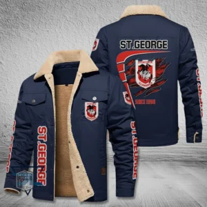 St. George Illawarra Dragons Jacket Fur Collar Fleece, All Over Print Jacket Fur Collar Fleece For Sport Fan, Custom Name NRL191080225781-Deep Blue