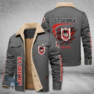 St. George Illawarra Dragons Jacket Fur Collar Fleece, All Over Print Jacket Fur Collar Fleece For Sport Fan, Custom Name NRL191080225781-Gray