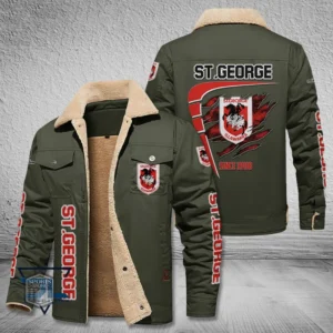 St. George Illawarra Dragons Jacket Fur Collar Fleece, All Over Print Jacket Fur Collar Fleece For Sport Fan, Custom Name NRL191080225781-Military Green