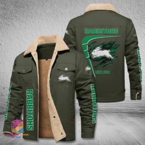 South Sydney Rabbitohs Jacket Fur Collar Fleece, All Over Print Jacket Fur Collar Fleece For Sport Fan, Custom Name NRL191080225782-Military Green
