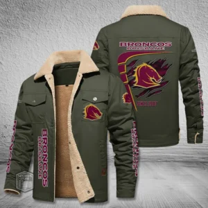 Brisbane Broncos Jacket Fur Collar Fleece, All Over Print Jacket Fur Collar Fleece For Sport Fan, Custom Name NRL191080225786-Military Green