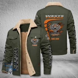 Wests Tigers Jacket Fur Collar Fleece, All Over Print Jacket Fur Collar Fleece For Sport Fan, Custom Name NRL191080225788-Military Green