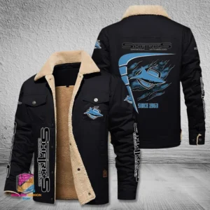 Cronulla Sharks Jacket Fur Collar Fleece, All Over Print Jacket Fur Collar Fleece For Sport Fan, Custom Name NRL191080225790-Black