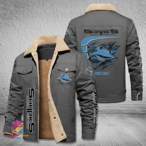 Cronulla Sharks Jacket Fur Collar Fleece, All Over Print Jacket Fur Collar Fleece For Sport Fan, Custom Name NRL191080225790-Gray