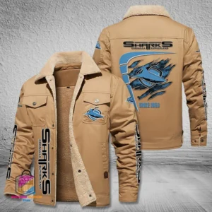 Cronulla Sharks Jacket Fur Collar Fleece, All Over Print Jacket Fur Collar Fleece For Sport Fan, Custom Name NRL191080225790-Light Khaki